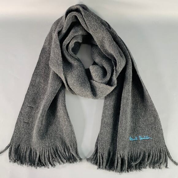 PAUL SMITH Grey Blue Embroidered Wool Knit Fringe Scarf - Picture 1 of 7
